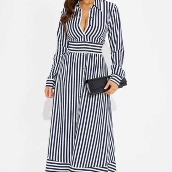 Fashion Nova Dresses & Skirts - Alison Striped Maxi Shirt Dress - Navy/combo - M